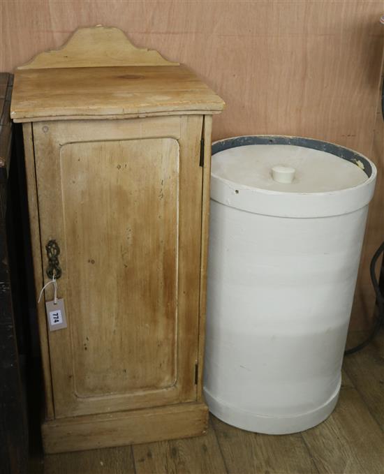 A Victorian stripped pine bedside cupboard and a French linen box (2) Cupboard W.38cm Bin w.39cm